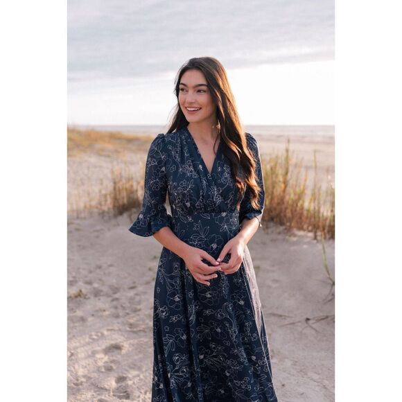 Gal Meets Glam Women Size 8 Irene Blue Floral Maxi NEW Dress Flutter 3/4 Sleeve - Picture 4 of 15